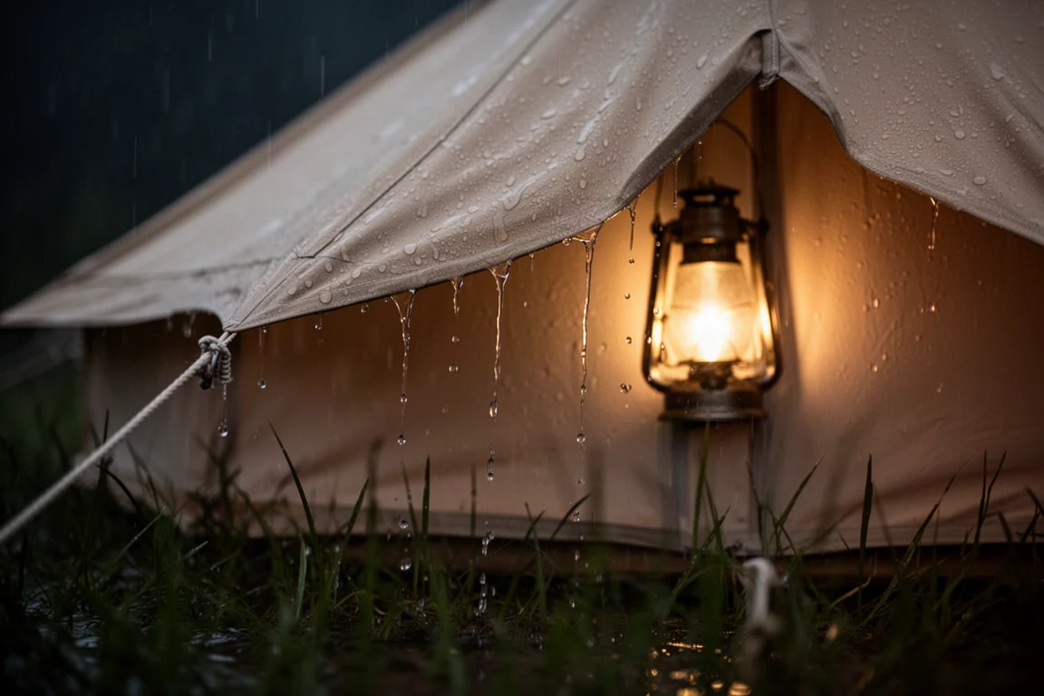 Pluie ruisselant sur la toile tendue d'une tente avec une lumière chaude de lanterne qui brille à travers