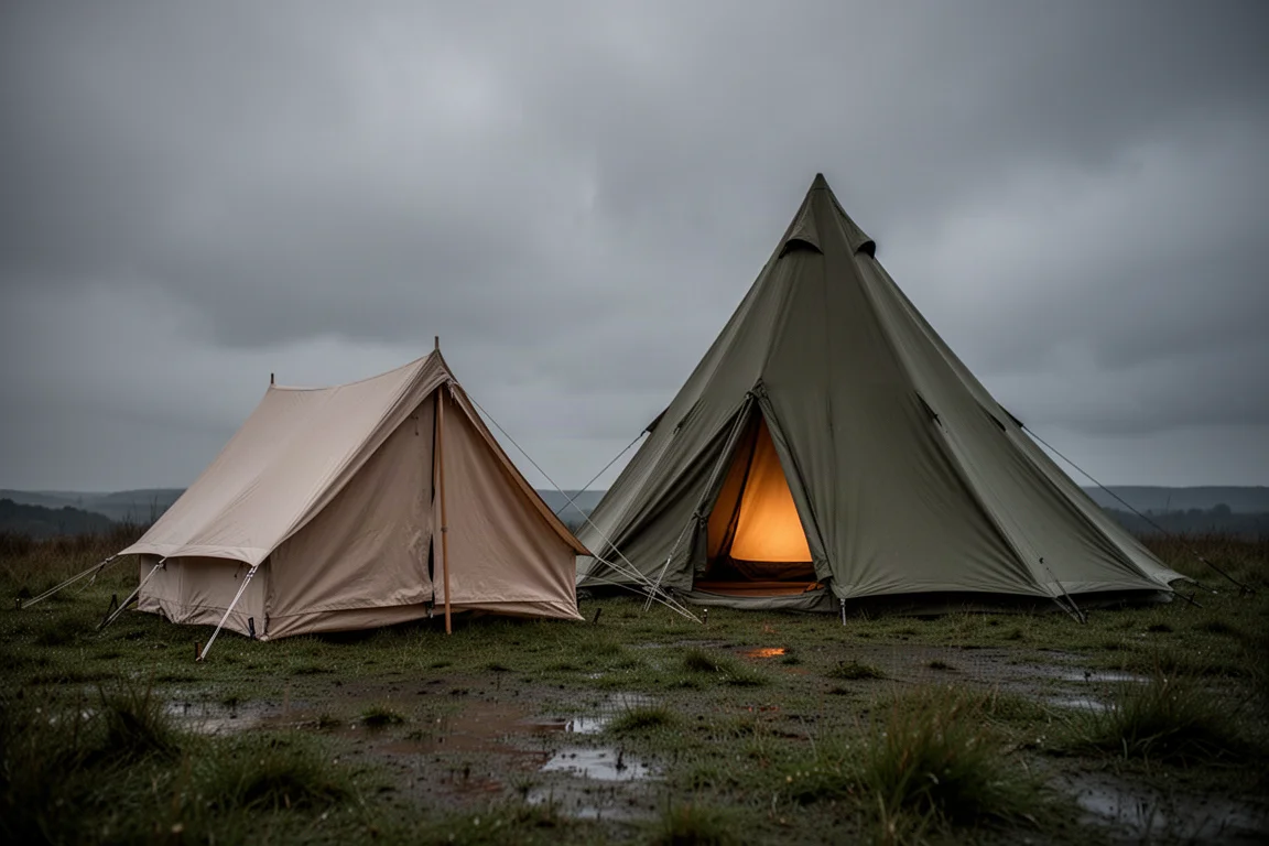 Two single-pole camping tents pitched side by side on a grassy clearing at dusk