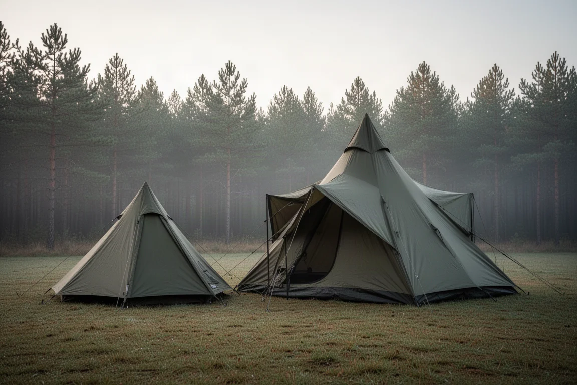 Two single-pole camping tents pitched on a grass clearing beside a pine forest at dusk