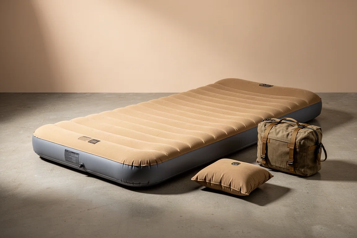 Tjock campingmadrass i beige och grått med kudde och förvaringsväska på betonggolv