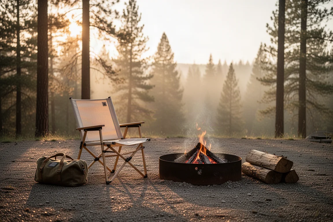 Folding camp chair with cotton canvas seat set beside a campfire at golden hour