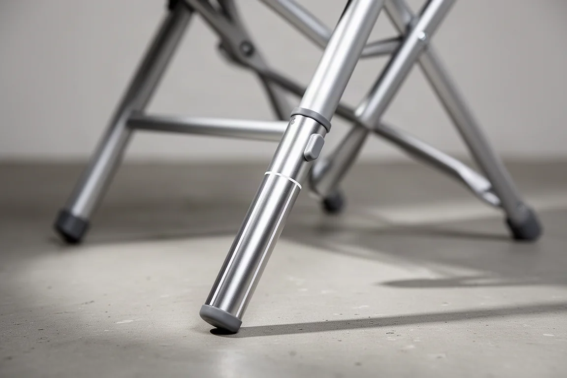 Close-up of an adjustable chair leg with a push tab and white alignment line