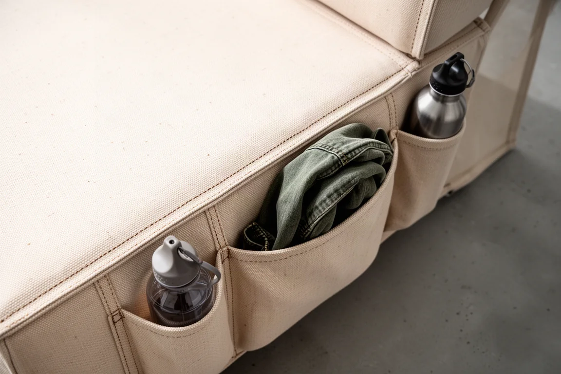 Overhead detail of cotton canvas seat fabric with a sleeve pocket holding a jacket