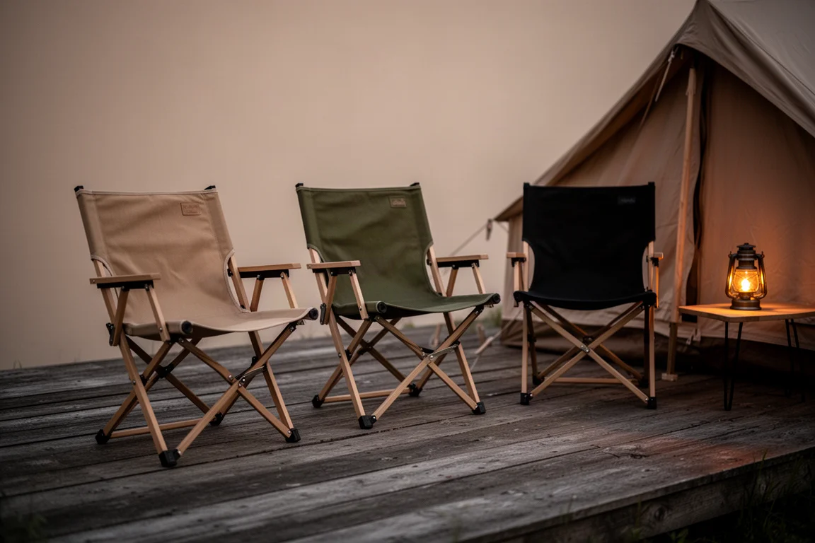 Three folding camp chairs in tan, olive green and black on a wooden deck at dusk