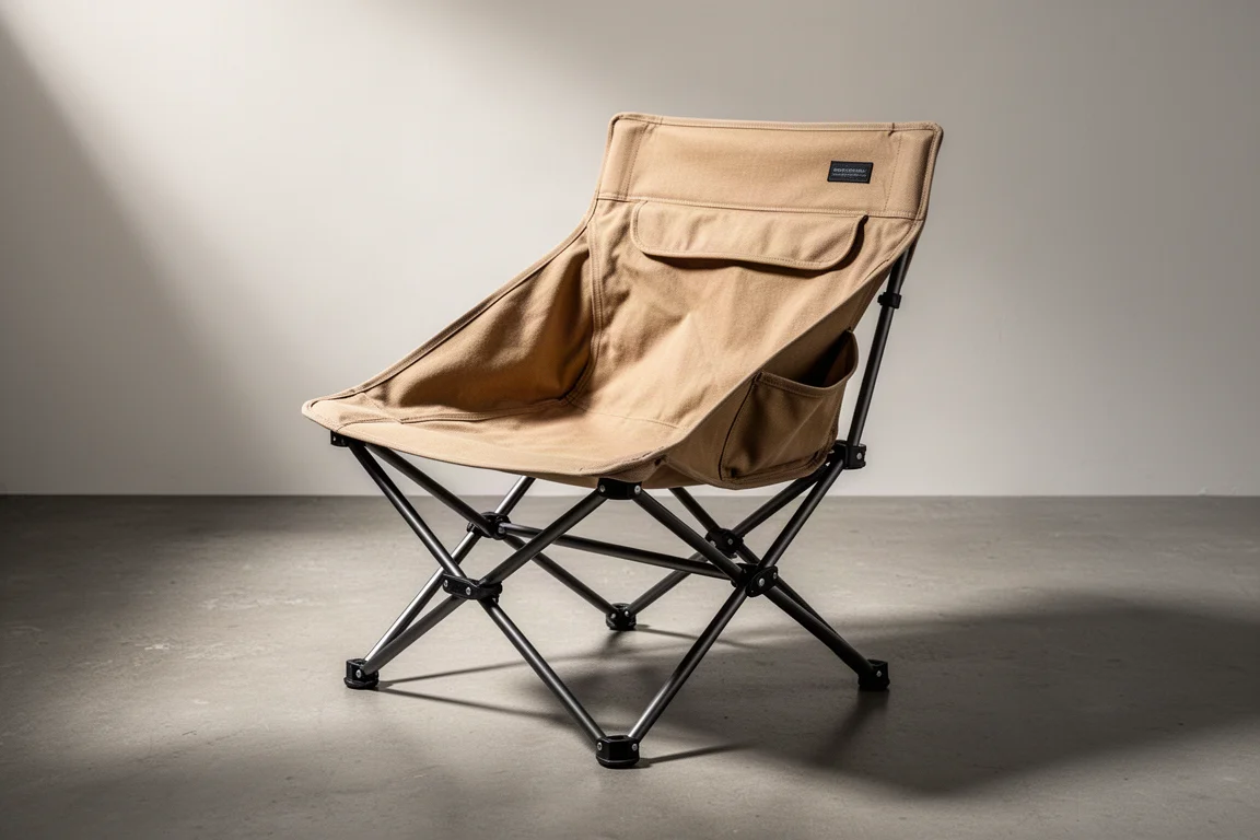Ihopfällbar campingstol med sits i bomullscanvas och fyrkantig aluminiumram på betong