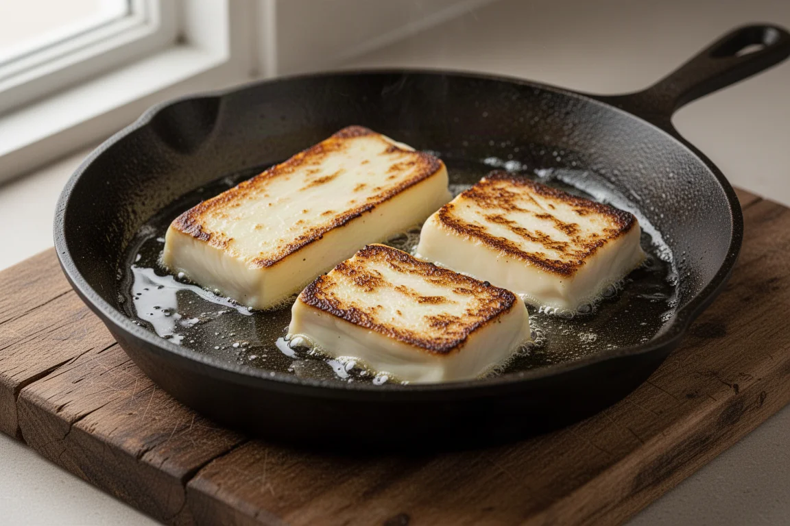 Goldgebratene Scheiben von Grillkäse mit knuspriger Kruste in einer Gusseisenpfanne