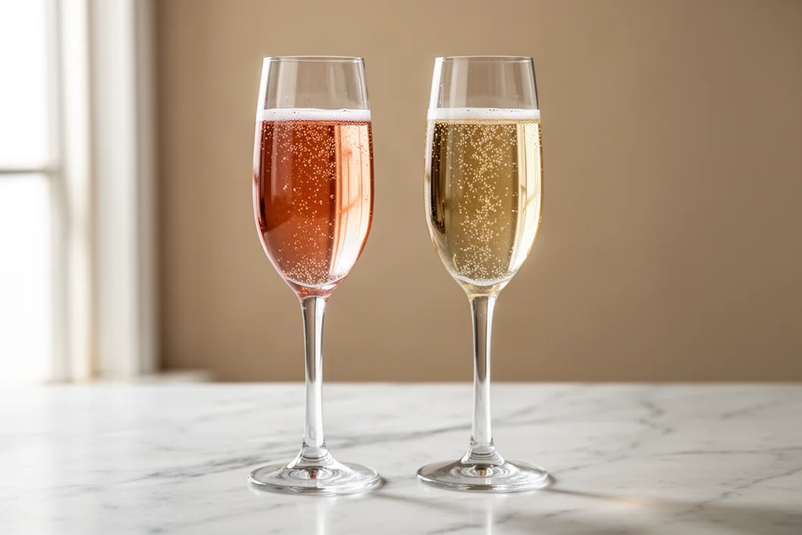 Zwei Gläser Schaumwein nebeneinander mit einem leichten Farbunterschied