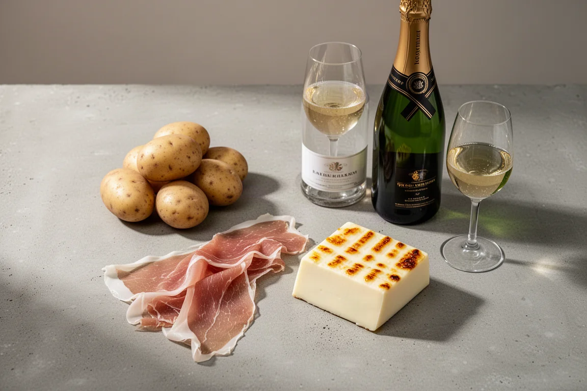 Flat-lay of potatoes, cured ham, grilling cheese and sparkling wine on a concrete surface