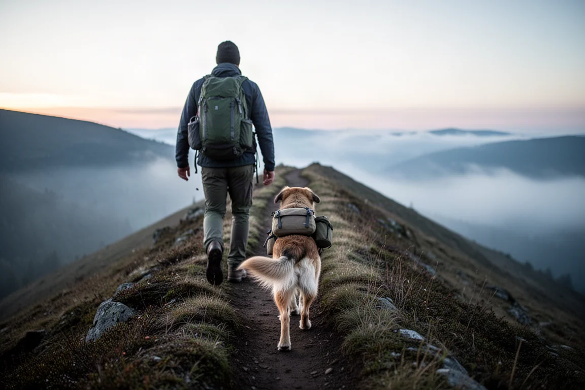 Hiker and a saddled dog walking a misty ridgeline trail at first light