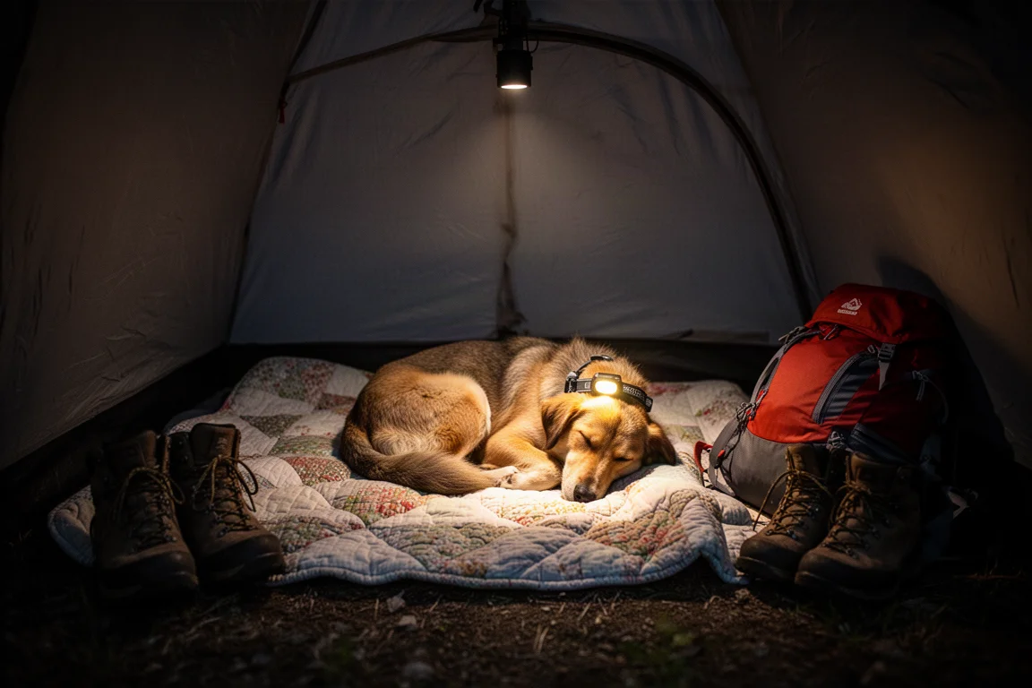 Dog curled asleep on a quilted blanket inside a tent lit by a warm headlamp