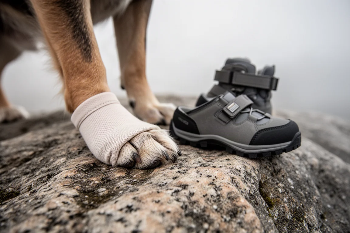 Soft fabric sockliner placed on a dog paw beside a trail boot on granite
