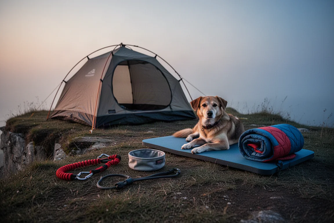 Campsite at dusk with a tent, a resting dog, and trail gear laid out