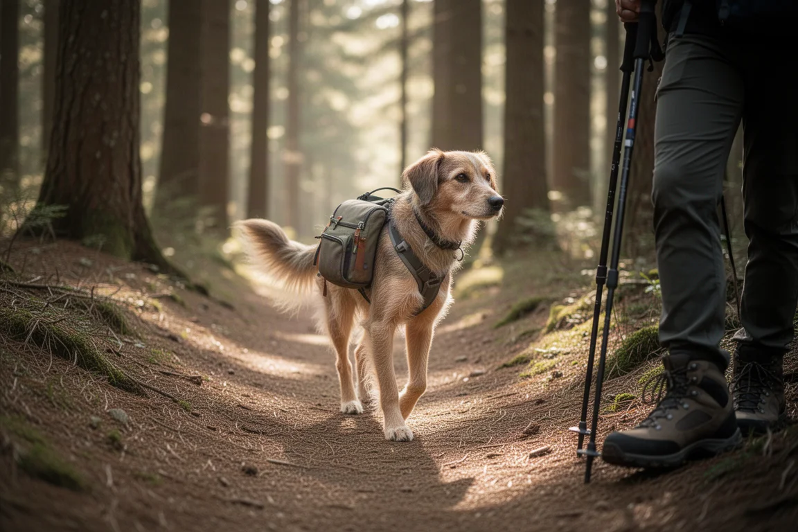 Un cane di taglia media che indossa un piccolo zaino da trekking con bisacce su uno stretto sentiero nel bosco