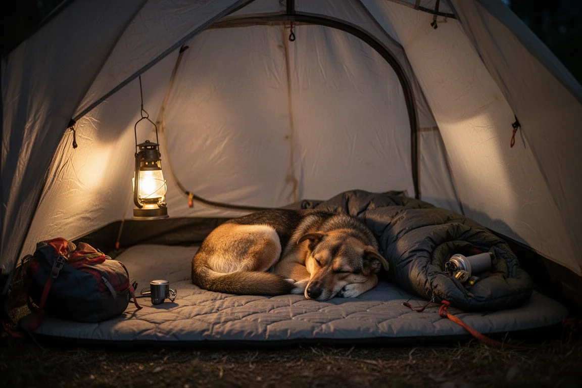 Un cane acciambellato che dorme su un materassino trapuntato dentro una piccola tenda di notte