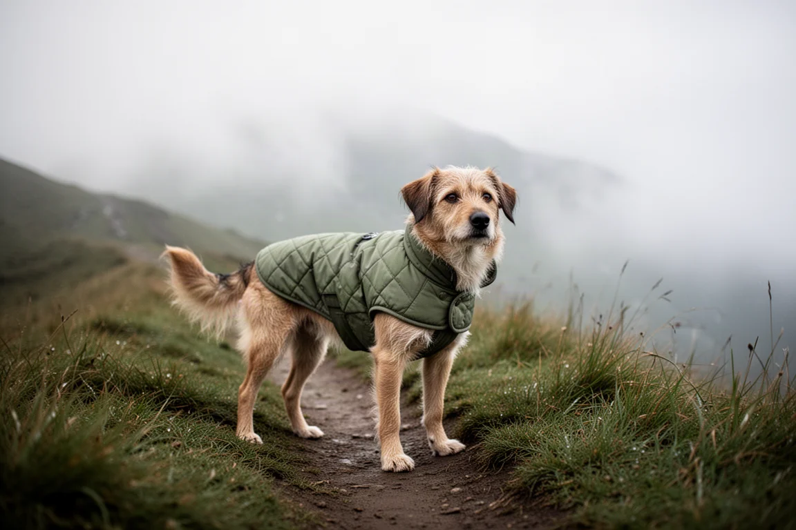 Un cane con una piccola giacca trapuntata in piedi su un sentiero di montagna nella nebbia