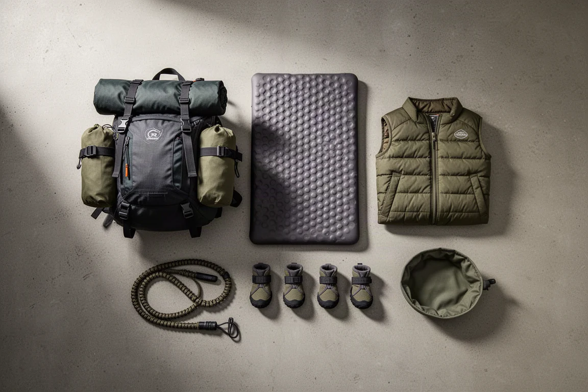 Dog backpacking gear flat-lay with pack, sleeping pad, jacket, booties, leash and bowl