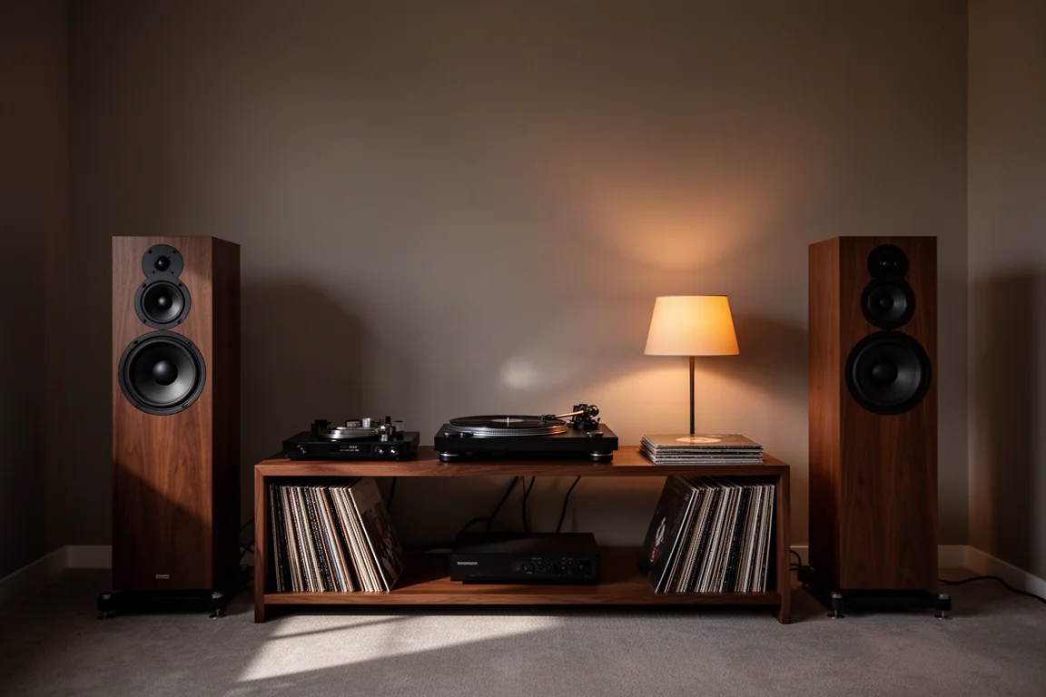 Sala d'ascolto in penombra con diffusori da pavimento, un ripiano per giradischi e dischi in vinile impilati