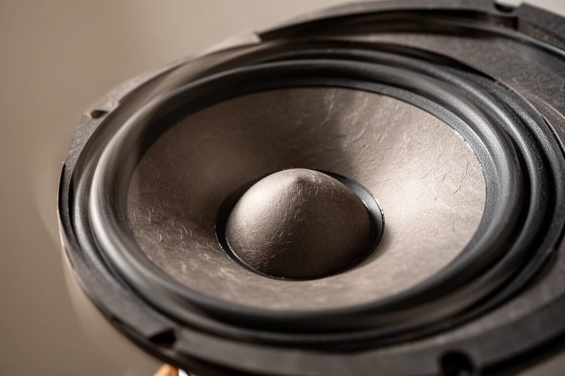 Primo piano del cono woofer di un grande diffusore a metà escursione con luce radente morbida