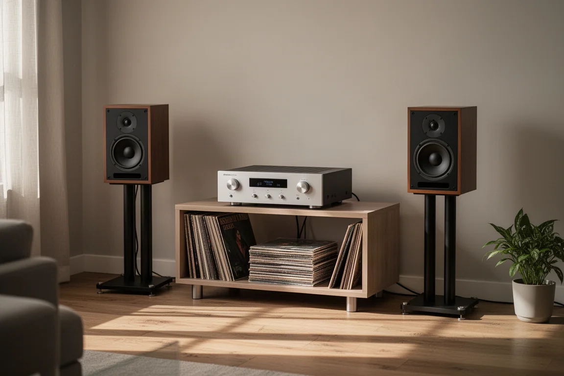 Scaffale hi-fi in un soggiorno silenzioso con diffusori da libreria, dischi e luce pomeridiana dalla finestra