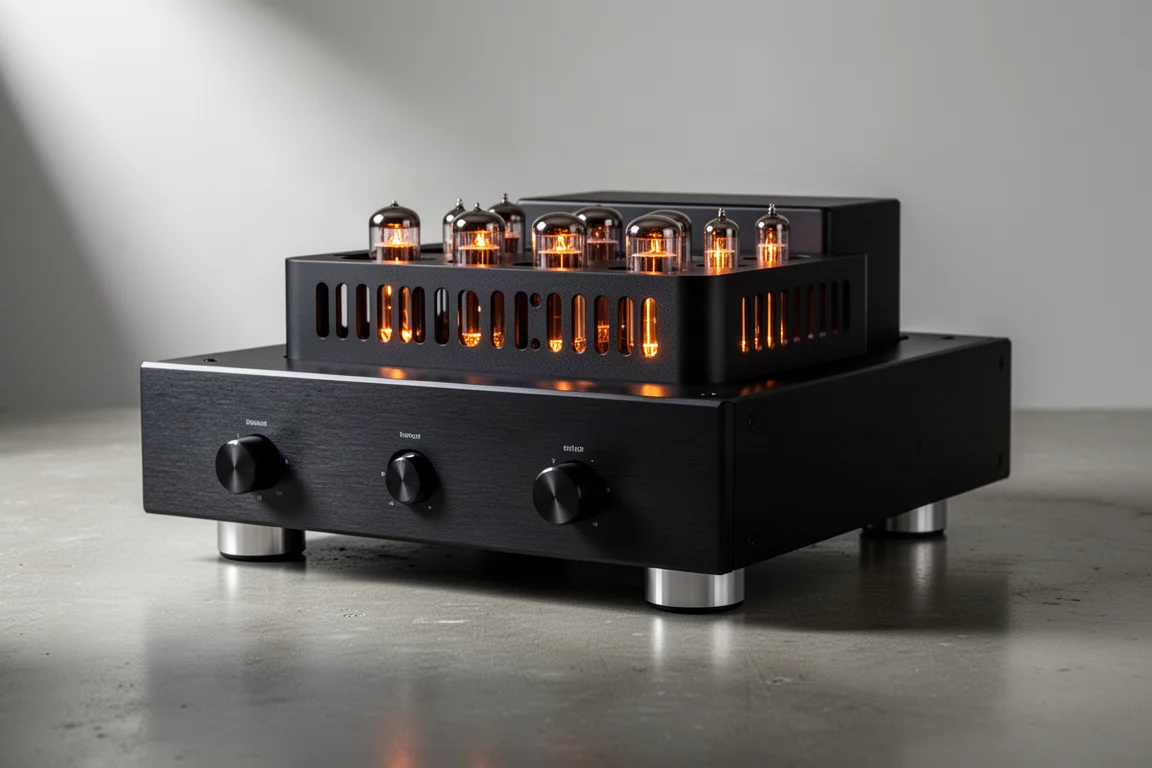 Black tube integrated amplifier with glowing vacuum tubes on a matte concrete surface
