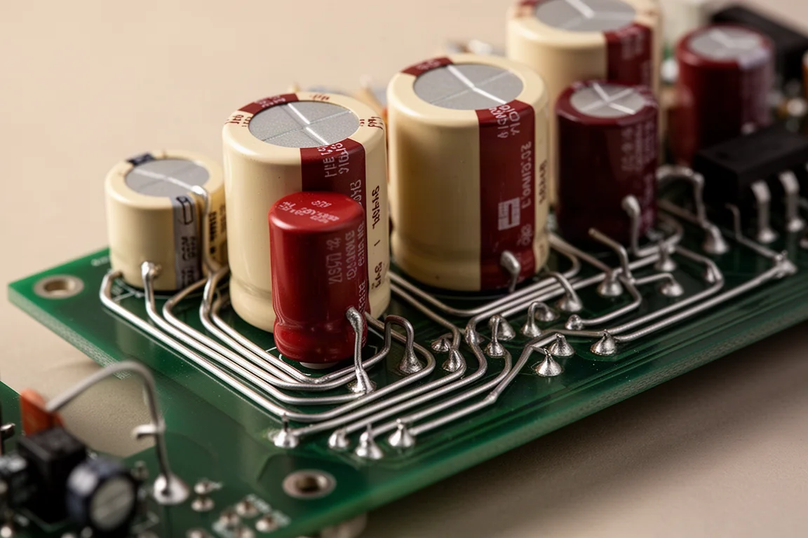 Makroaufnahme einer Audio-Platine mit Folienkondensatoren und sauber verlegter silberner Verkabelung