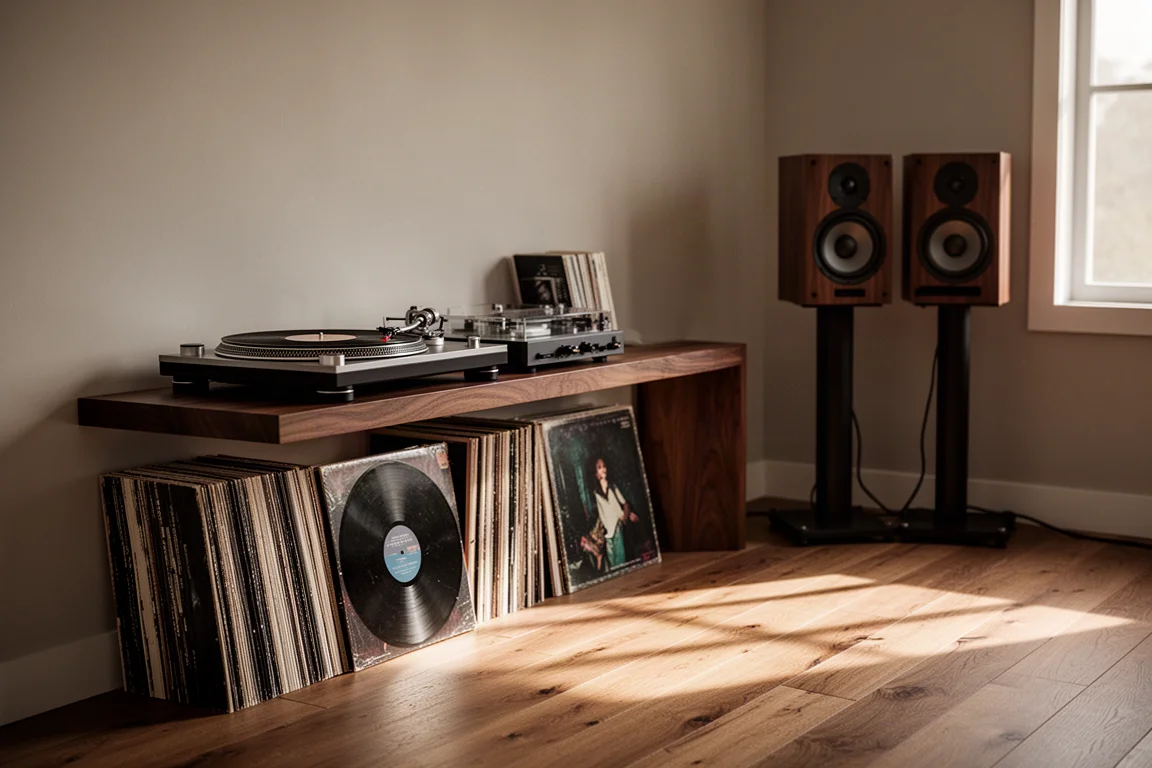 Ruhige Hörecke mit einem Plattenspieler auf einem Nussbaumregal und Schallplatten, die an der Wand lehnen