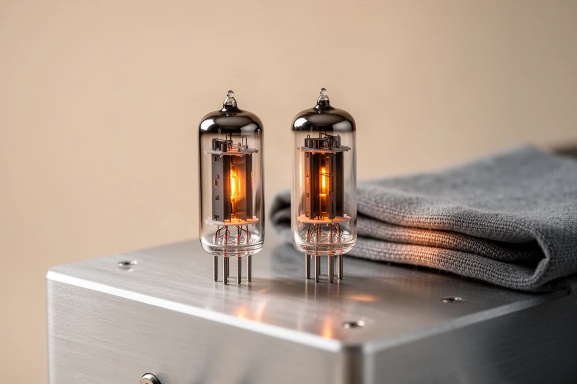Zwei kleine Glasvakuumröhren auf einer gebürsteten Aluminiumoberfläche bei sanftem Licht