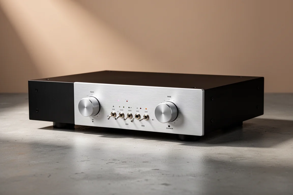 Black tube preamplifier with brushed aluminium front panel on a neutral studio surface