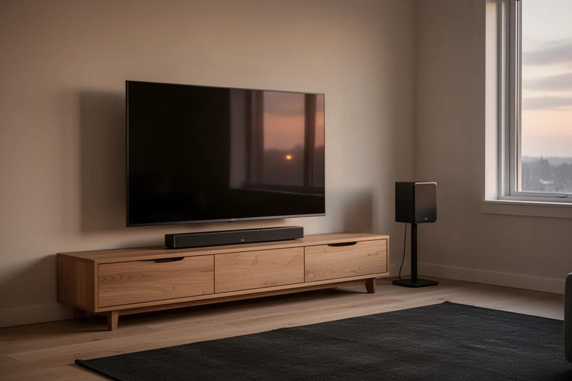 Living room home theater with a large television, soundbar and a surround speaker