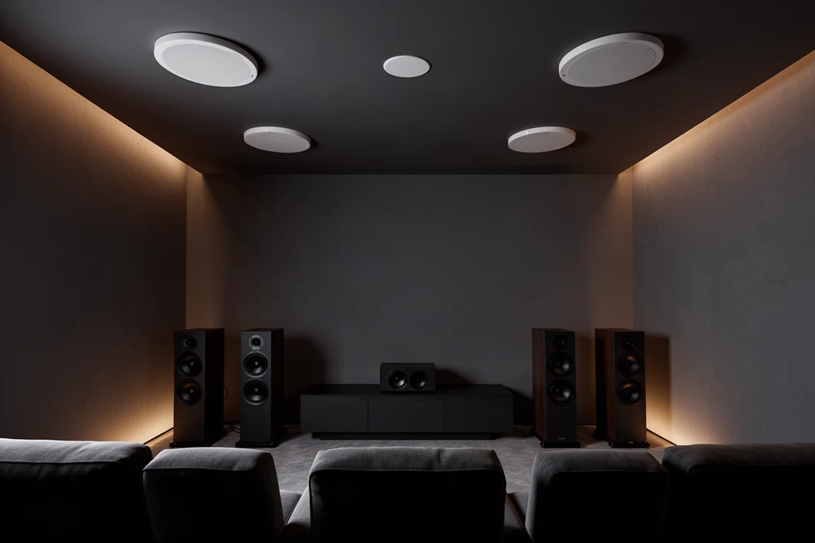 Home theater room seen from the listening seat with front speakers and ceiling speakers