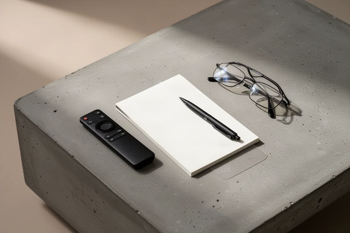Overhead flat-lay of a remote control, blank notepad and glasses on concrete