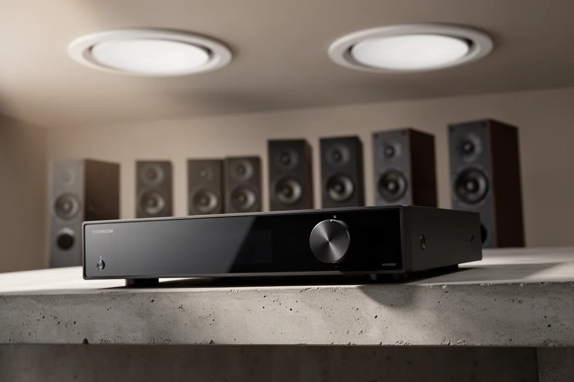 Home theater preamplifier with surround and ceiling speakers in a neutral listening room