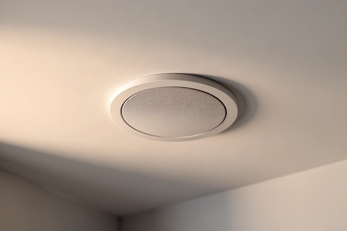 In die weiße Decke bündig eingelassener Deckenlautsprecher in Nahaufnahme