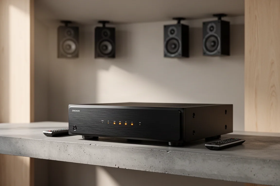 Multi-channel AV processor on a concrete shelf with ceiling speakers behind