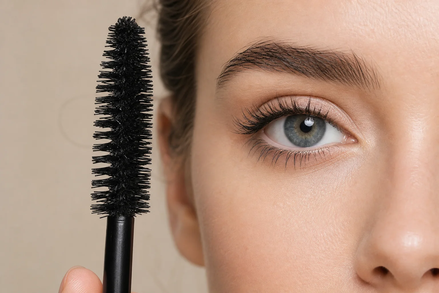 Oversized mascara brush next to eye showing size comparison