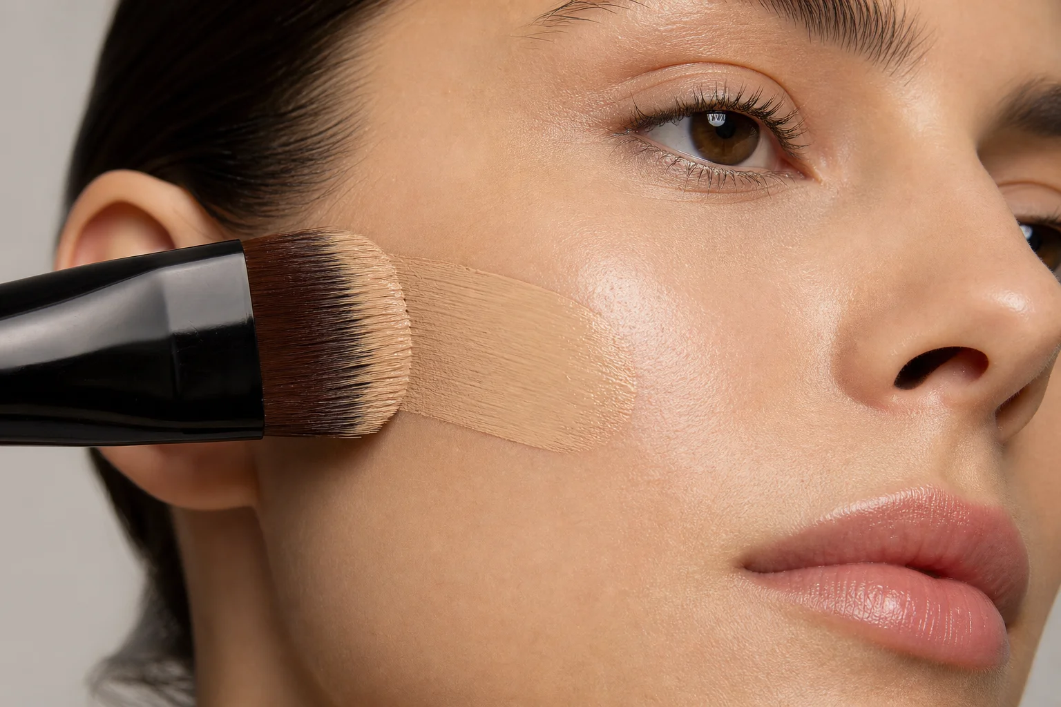 Flat-top foundation brush applying liquid foundation to skin