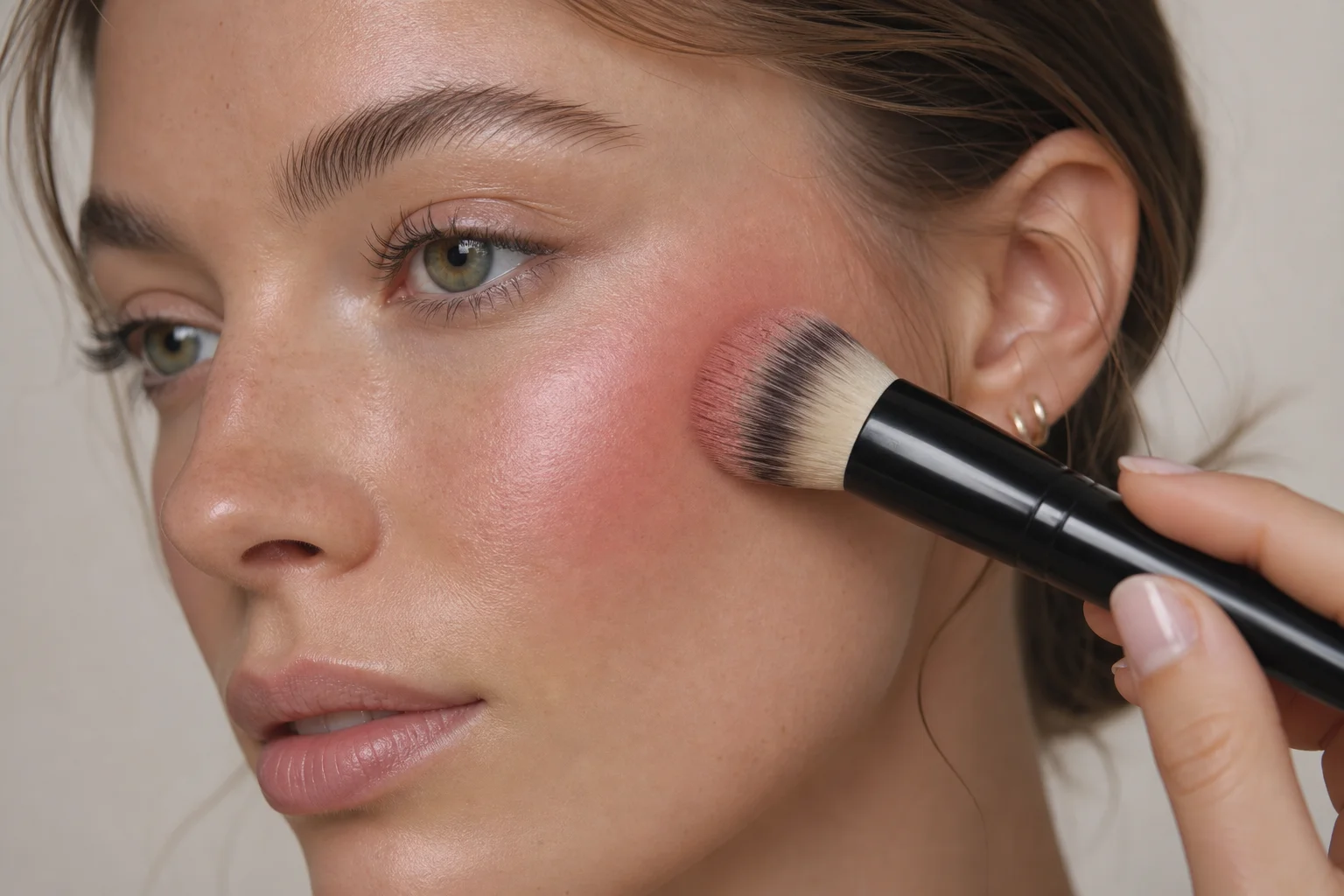 Creamy serum blush in rose dust being blended onto cheekbones