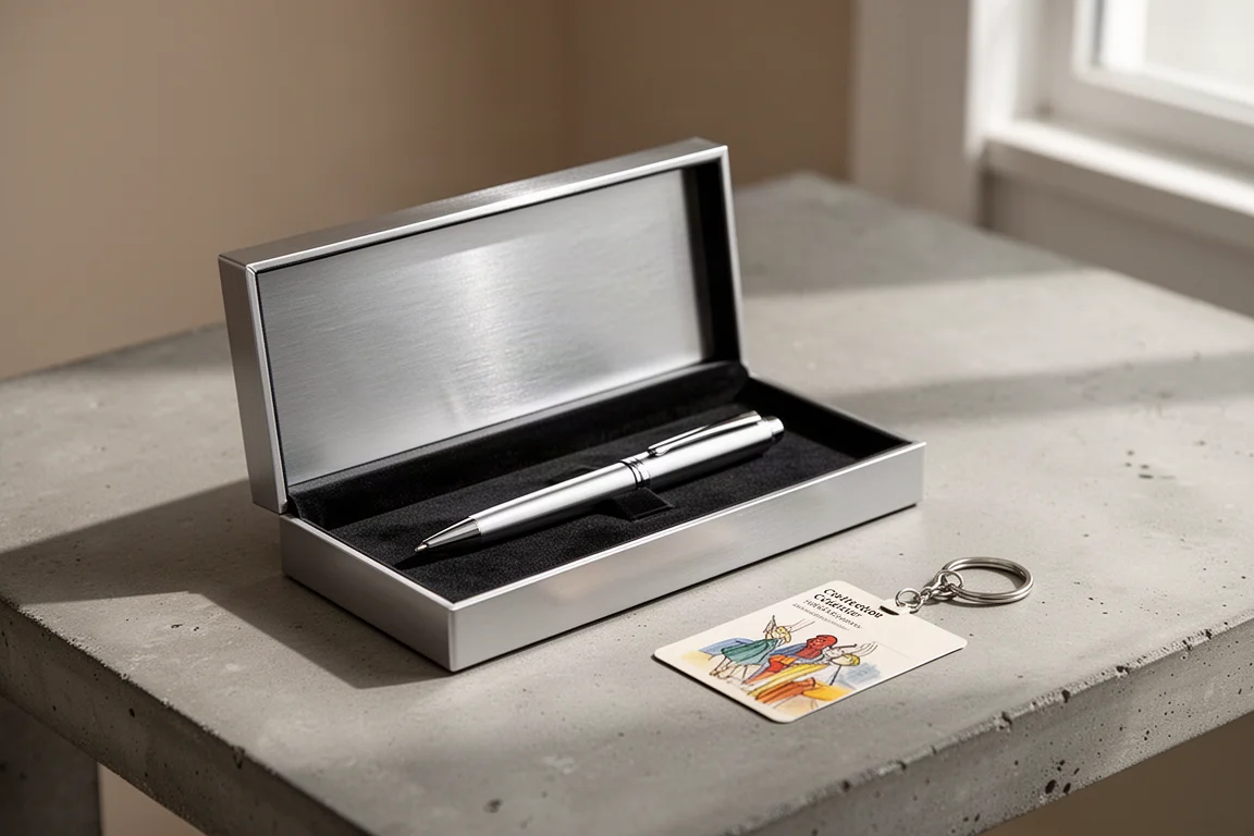 Präsentationsbox für Füllfederhalter mit metallischem Deckel und einem kleinen Metall-Schlüsselanhänger daneben