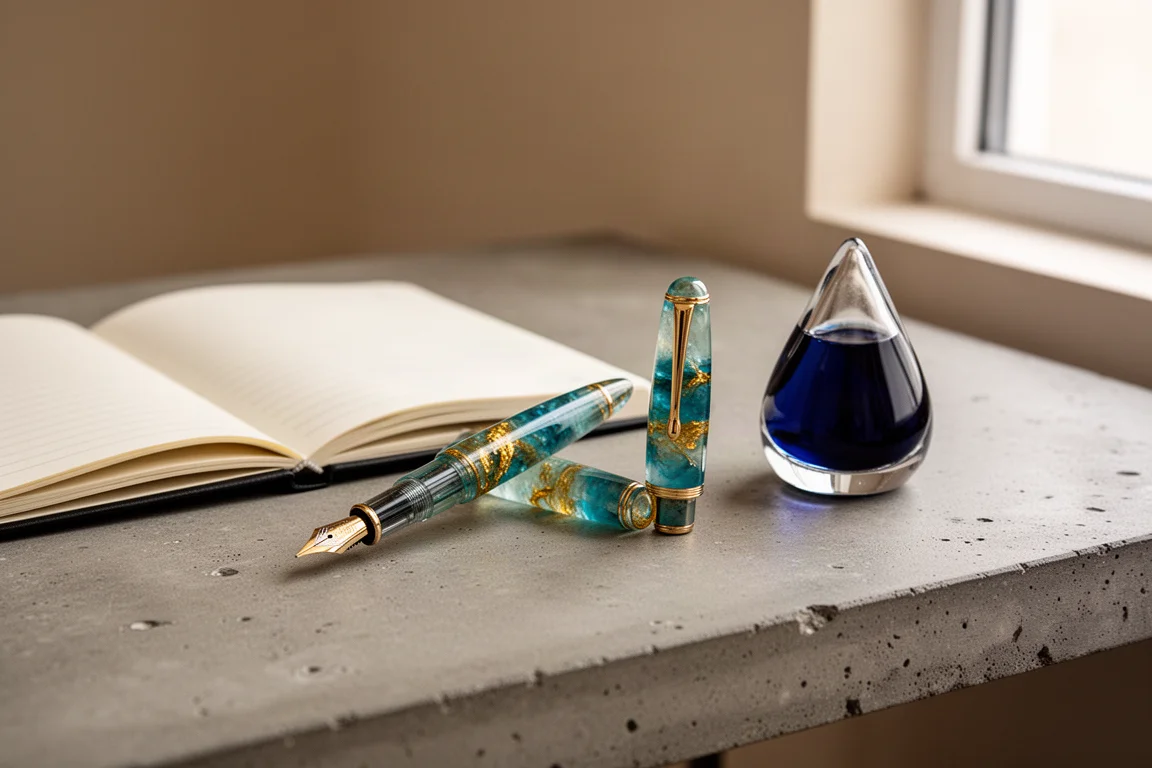 Ungekappter Füllfederhalter auf einem Schreibtisch neben einem Leder-Notizbuch und einer Flasche blauer Tinte