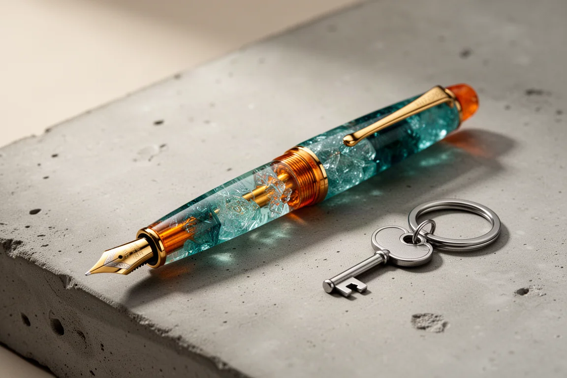 Fountain pen with teal and gold translucent resin and a key-shaped clip on a concrete surface