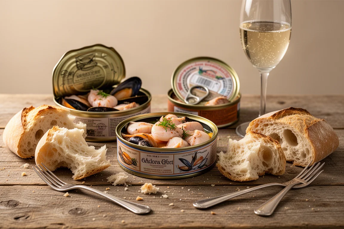 Tinned fish and small plates served tapas-style on a wooden table