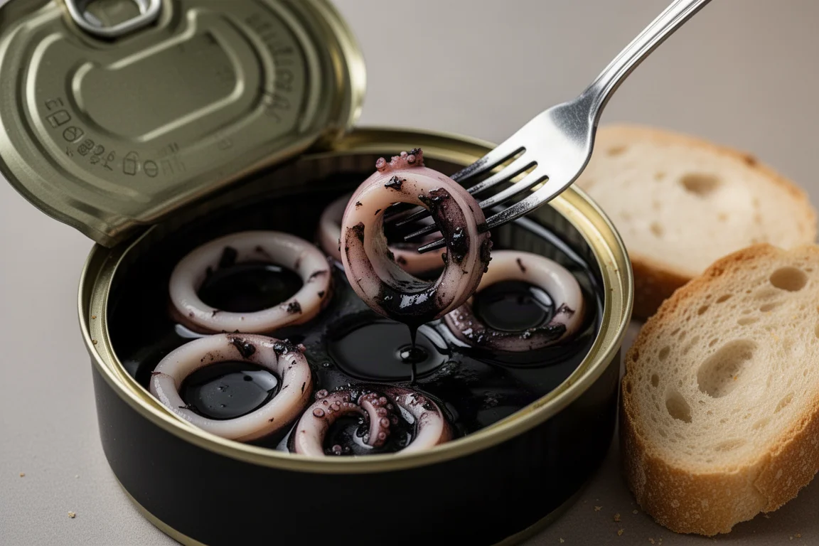 Stuffed squid rings in dark ink sauce being served from an open tin