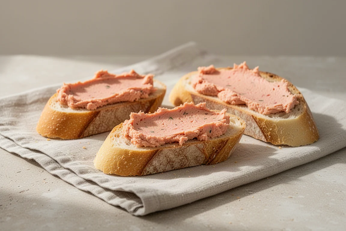 Soft fish pate spread on sliced baguette on a neutral surface