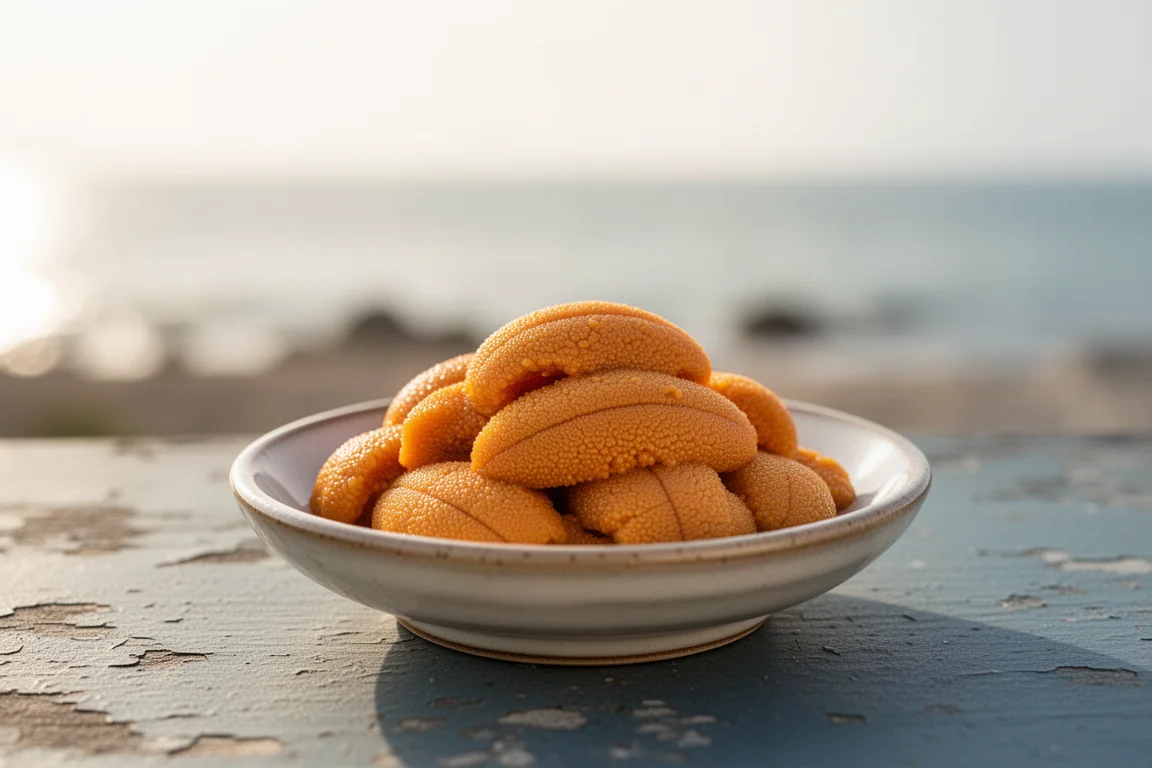 Golden sea urchin roe served in a small dish by the seaside