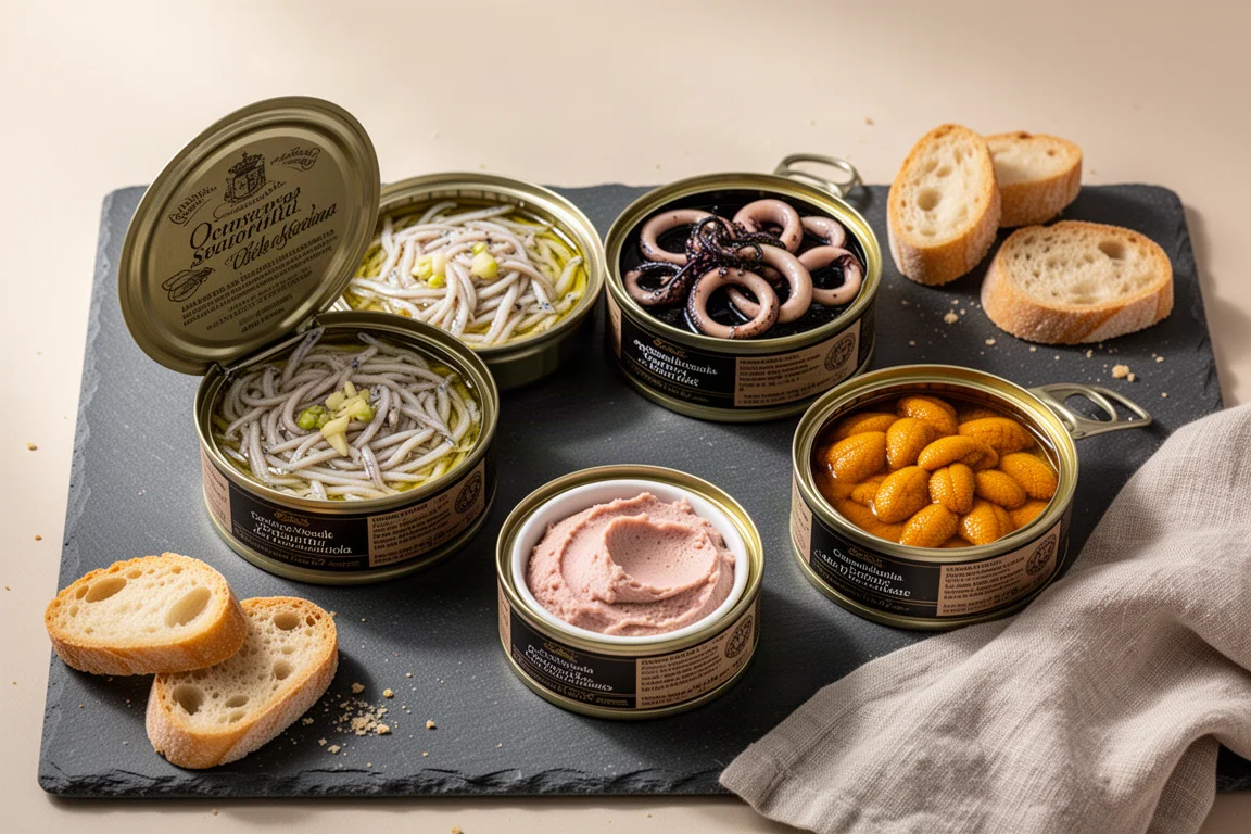 Four open tins of Spanish seafood with bread on a slate surface