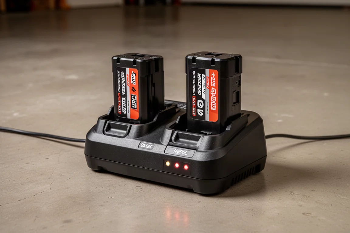 Zwei Lithium-Akkus in einem doppeltelligen Ladegerät