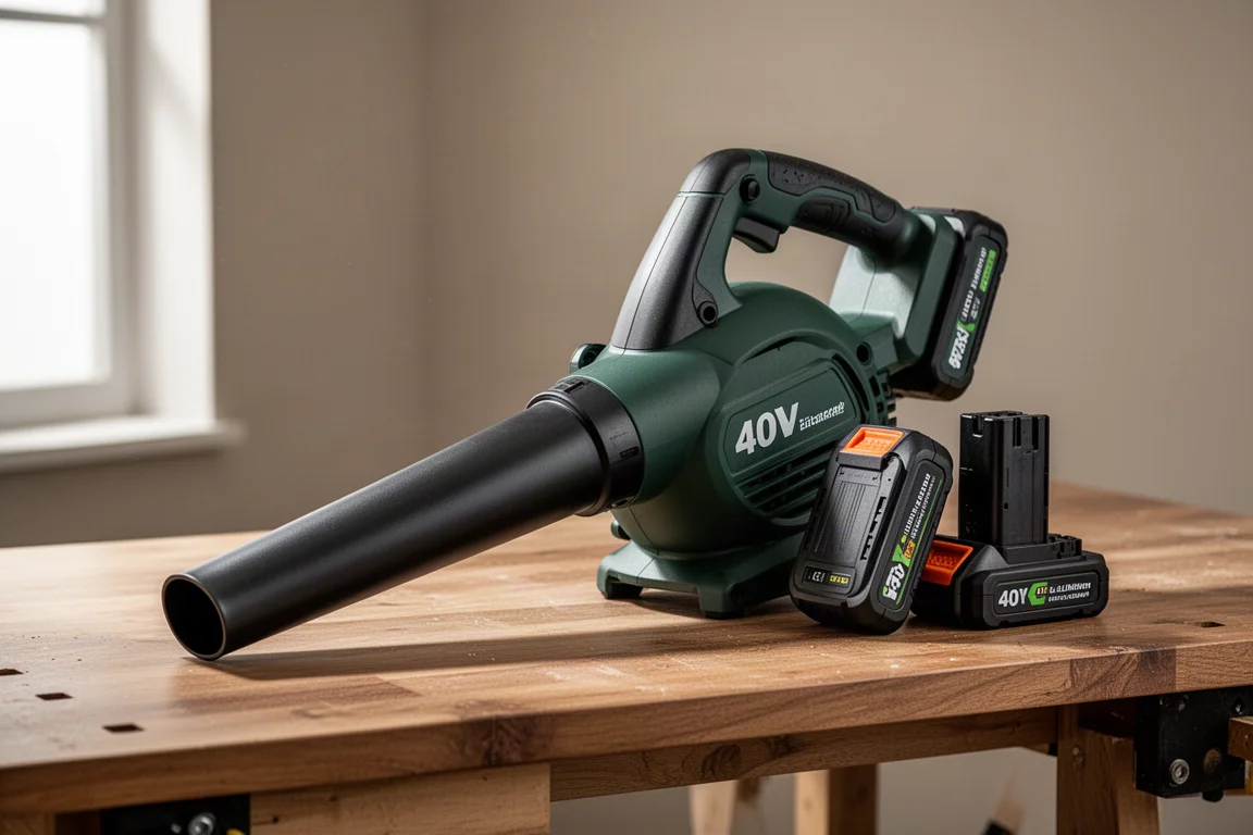 Cordless 40V leaf blower with nozzle tube and two batteries on a workbench