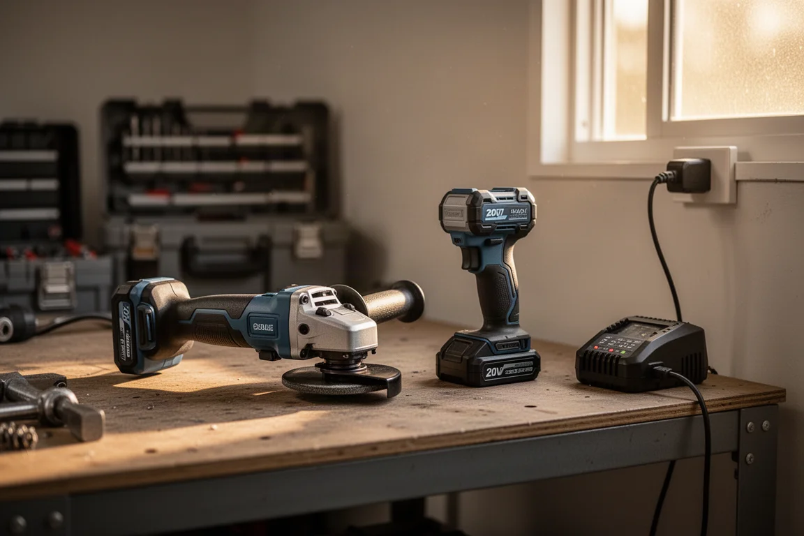 Hemmagarage-scen med en slip, skivor och ett batteripack på ett bord