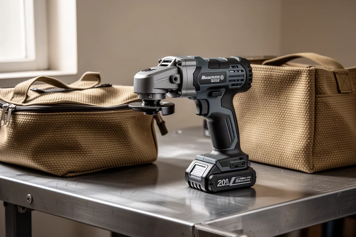 Dongcheng cordless angle grinder with battery pack and tool bag on a steel workbench