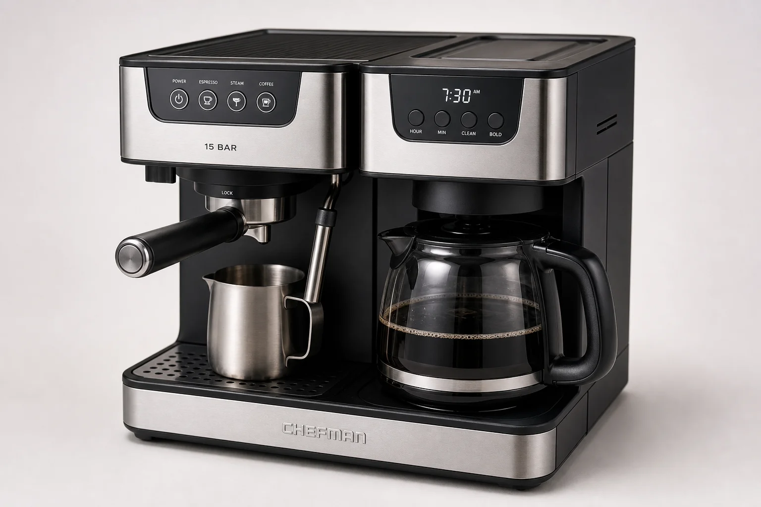 Five dual-brew coffee makers arranged on neutral backdrop showing variety of designs